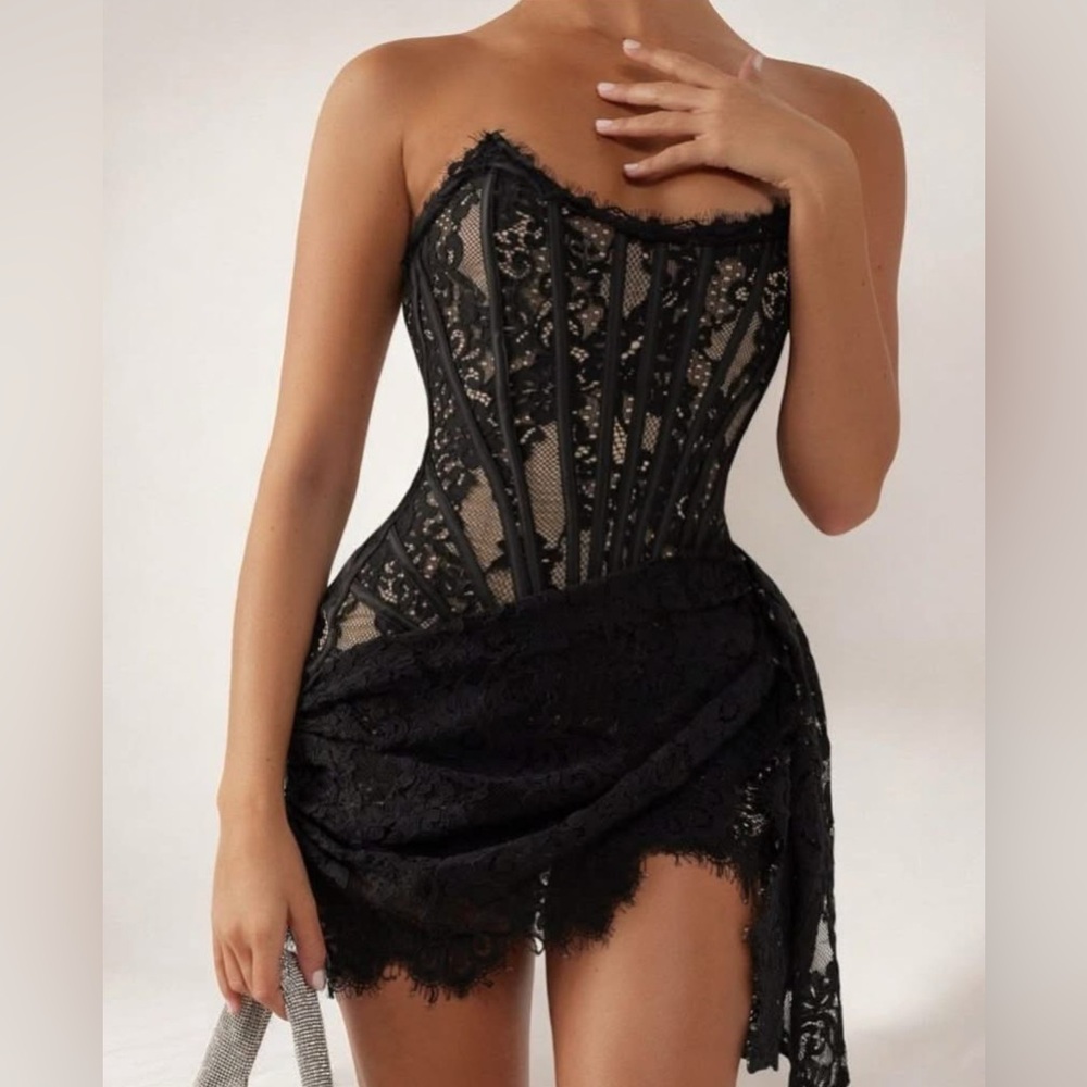 Heiress Beverly Hills Black Lace Corset Draped Mini Dress